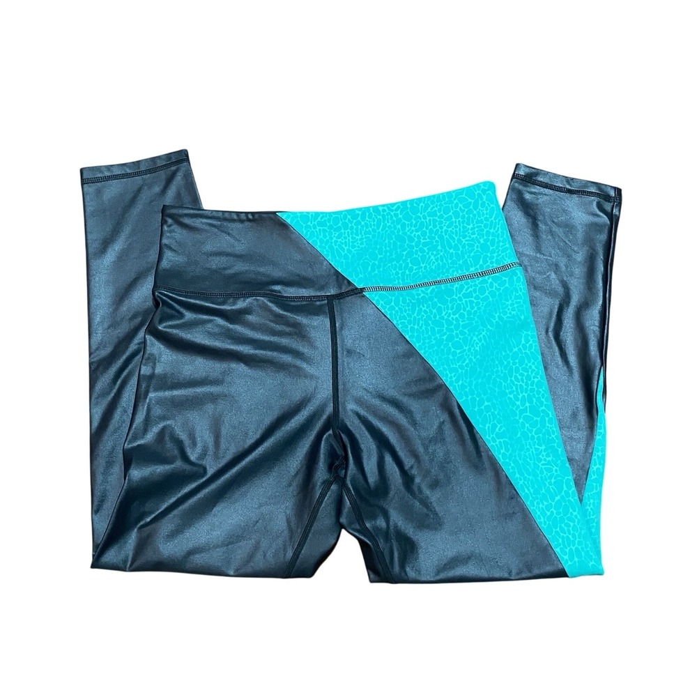 Zyia Active Cropped Leggings Teal Faux Leather Accent Size 12 Women's Yoga 24"